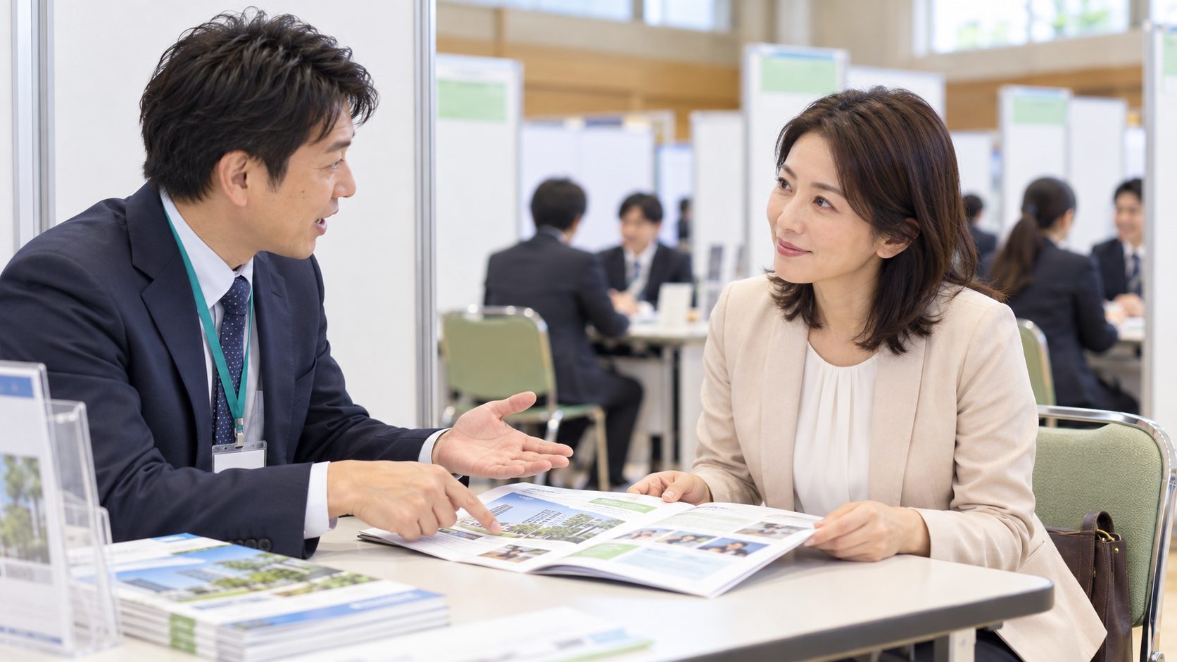 合同企業説明会の会場で、企業担当者と参加者が資料を見ながら話している様子（イメージ写真）